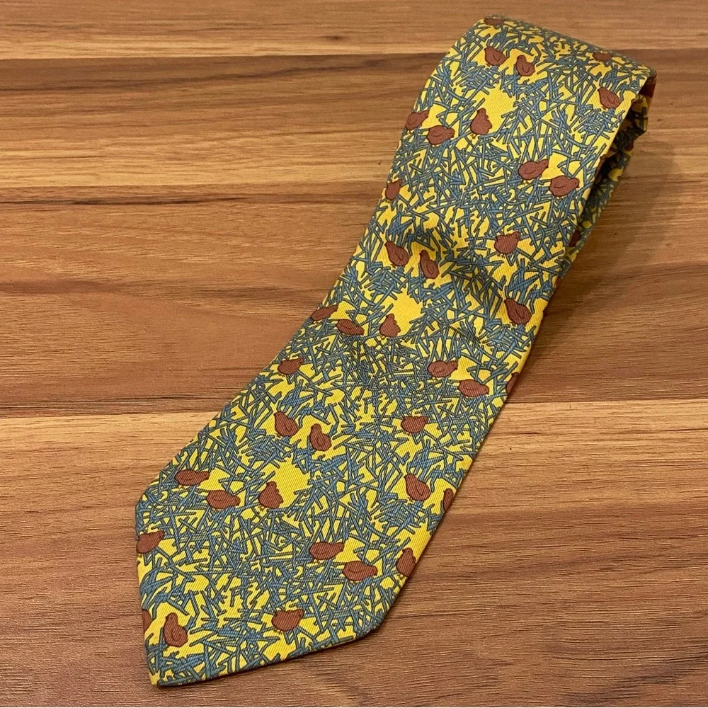 HERMÈS Paris 7364 PA Yellow Blue Quail Bird Chick Straw Print 100% Silk Necktie - Picture 4 of 15